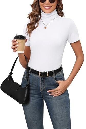 Camiseta Cuello Alto Mangas Cortas Mujer Jerséis Pullover Punto Camisa Suéter Básico Delgada Elástico Pullover Ajustado Invierno Primavera Otoño Moda Cómodo Clásico Casual Blanco S
