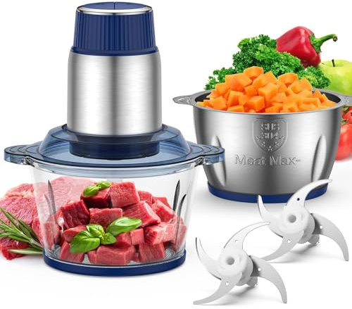 2L+2L Electric Food Processor & Chopper with Glass Container and 304 Stainless Steel Container,2 Sets of Bi-Level Blades,2 Speed Settings,Meat Grinder for Meat,Vegetables,Fruits and Nuts