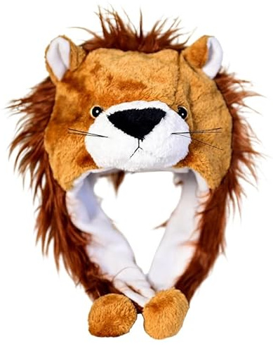 NICEYEA Sombrero de disfraz de animal para niños con orejeras, divertido gorro de peluche de animal, bonito sombrero de invierno para fiesta temática, Navidad, Halloween (león)