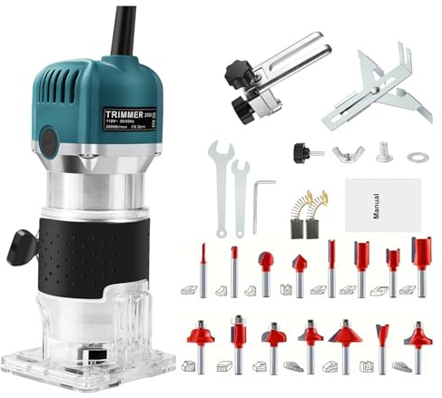 Fresadora eléctrica de madera con una sola mano, 1000 W, 30000 rpm, con 15 cabezales de fresado, 6 velocidades, fresadora con cierre rápido, ligero, resistente al polvo, motor de cobre