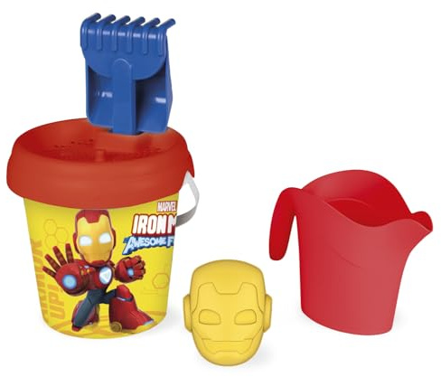 Smoby - Seau Garni Iron Man - Arrosoir, Pelle, Moule à Sable, Tamis, Râteau Inclus - Matière Recyclée - A Partir de 18 Mois - Fabrication Française