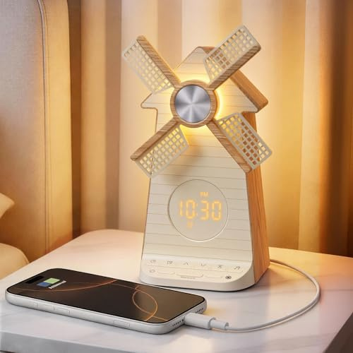RETEYUNG Réveil avec veilleuse enfant à moulin à vent rotatif, Réveil simulateur d'aube, Alarme LED avec snooze, 20 sons apaisants, port USB, Décoration de chambre et cadeau pour ado, enfant ou adulte