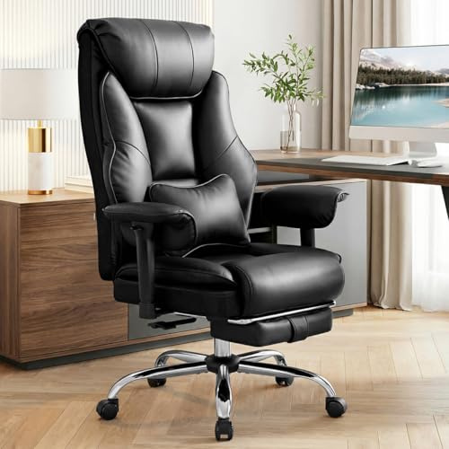 WOLTU Chaise de Bureau Ergonomique, Fauteuil de Direction, PU, Noir | Dossier Hautavec Appui-tête/Coussin Lombaire/Repose-Pieds Rétractable/Accoudoirs Réglables, Siège Remnbourré