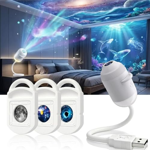 2-i-1 USB-driven 5D holografisk nattljusprojektor, HD dynamisk galaxstjärnlampa med 3 6 12 24 projektionsbilder, 360 justerbar dekorlampa för barns sovrum resegåva
