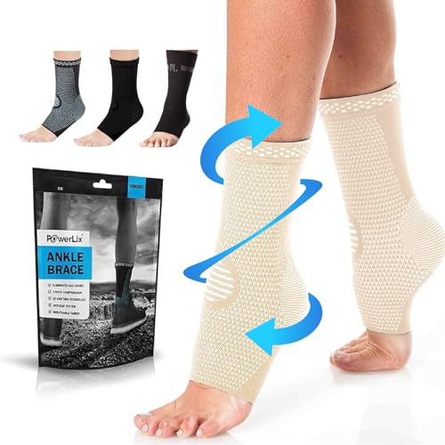 POWERLIX Ankle Support Brace 2 Pack, Ankle Brace for Men/Women/Kids, Support for Ligament Damage, Sports Protect, Injury Recovery, Plantar Fasciitis Foot Socks with Arch Support, Beige, Small