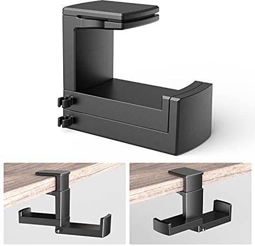 Dual Headphones Stand Holder, Klearlook 3-Part 360° Rotation Adjustable Springed Clip Headset Hanger Built-in Cable Loop,Space-Save Desk Clamp Headset Hook Earphone Mount-Black