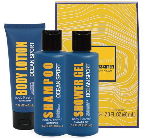 BODY & EARTH Set regalo per uomo, kit da viaggio - set regalo per le feste con profumo di oceano fresco, kit per la cura della pelle da uomo include gel doccia, Regalo di San Valentino per lui