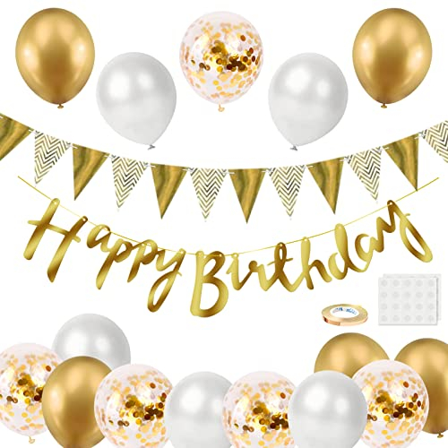 BEKOIUP Ballons Decoration Anniversaire - Deco Anniversaire Guirlande Joyeux Happy Birthday Bannière, Ballon Blanc Or avec Confettis pour Adulte Homme Femme Enfant Garçon