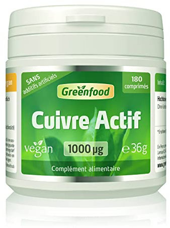 Greenfood Cuivre Actif, 1000 μg, dose élevée, 180 comprimés - Pour un métabolisme énergétique normal, Sans additifs artificiels. Sans génie génétique. Vegan.