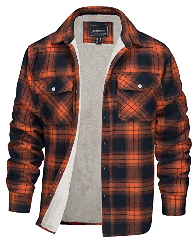 EKLENTSON Men's Jackets Fleece Checked Shirt Jacket Flannel Work Jackets Lumberjack Shirt with 3 Pockets,Orange,3XL