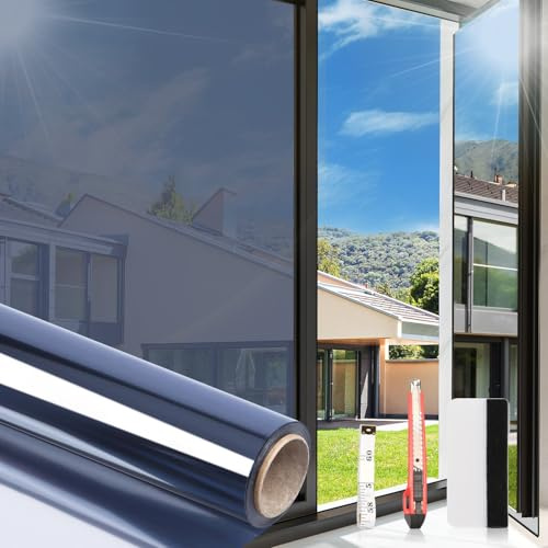 Arthome One Way Window Film Daytime Privacy UV Blocking Mirror Film Non-Adhesive Static Cling Heat Control Reflective 90cmx460cm,Blue Silver for Home and Office