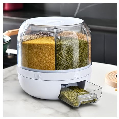 HAZARA Distributeur D Aliments Sec Avec 6 Divisions, Rotation à 360° ， Rangement Cereales Obtenez Des CéRéAles En Un Clic ， Distributeur Aliment Sec Convient Pour DéBarras (Capacité 10kg)