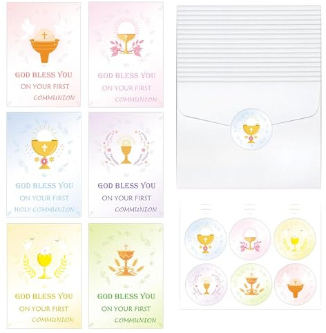 Paquete de 24 tarjetas de agradecimiento de primera comunión con sobres y calcomanías, tarjetas de primera comunión con cruz religiosa, adecuadas para niñas y niños