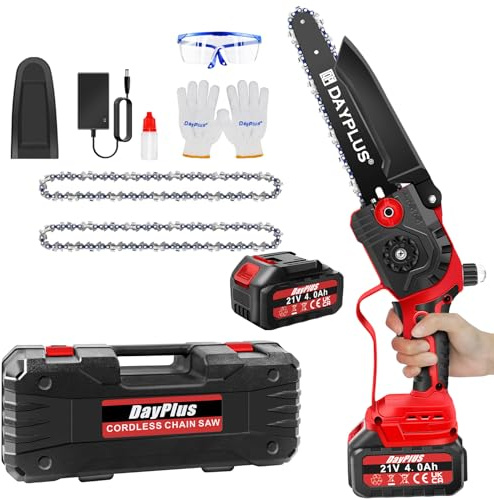 Mini Chainsaw Brushless 8-Inch Cordless Electric Handheld Chain Saw with 4.0Ah Battery, Hand Saw with Security Lock, Wood/Tree Saw for Garden Tree Trimming with Extra 2 Chains, Portable Carrying Case
