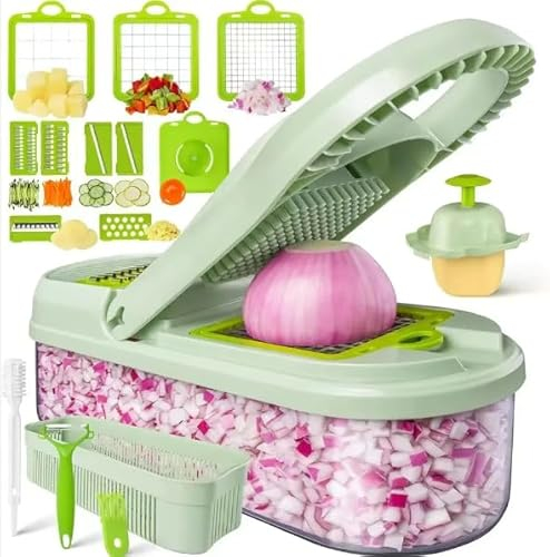 Gemüseschneider, 17 in 1 Gemüseschneider mit Austauschbare Klingen, Gemüsehobel für Würfel, Stifte, Obst, Gemüse, Zerkleinerer, Obstschneider, Würfelschneider, Eiertrenner, Handschutz, Siebkorb