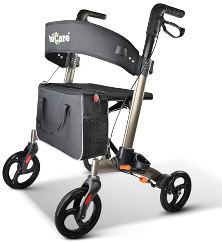 ISICARE Rollator Premium leicht faltbar Aluminium, nur 6,5 Kg, Gehhilfe mit Rädern Senioren, Leichtgewichtrollator klappbar, Laufhilfe Erwachsene, Gehwagen Innen, Draußen & Kofferraum (Anthrazit)