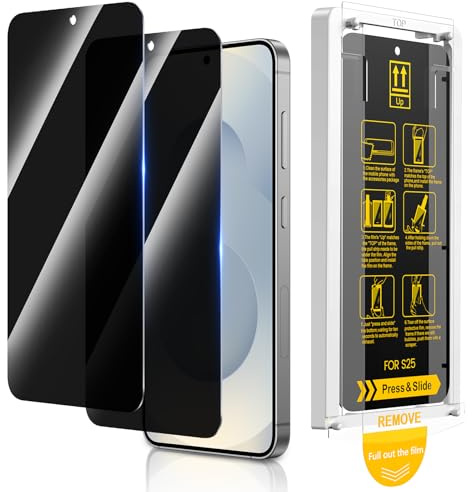HWeggo för Samsung Galaxy S25 skärmskydd med 2-pack, enkel installation med Pull Strip Alignment ram, stöder upplåsning av fingeravtryck, HD klar 9H hårdhet härdad glasfilm