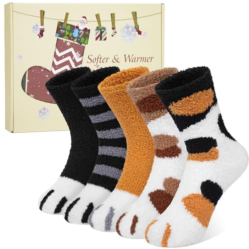 Justay Sowarm Chaussettes Moelleuses Femmes Hiver 5 Paires Douces Chaudes Thermiques Confortables Pilou Chat Chausson Chaussette Noël Pour Dames Filles Coffre Cadeau