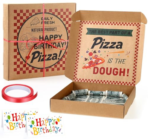 Feifeiya 2 Pcs Birthday Pizza Money Box for Cash Gift 10 x 10 Inch Pizza Boxes Money Holder Fun Gift for Surprise Funny Classic Happy Birthday Party Celebrations (Cash Not Include) (Brown)