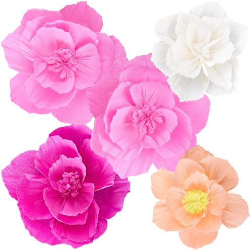 SUNNYCLUE 5 pz. Fiori di Carta Rosa Fiori di Carta Velina Fiori Artificiali In Carta Crespa Grandi Pompon In Tessuto Decorazioni Floreali 3D Da Parete per Matrimoni Compleanni Feste Centrotavola Decor