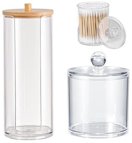 Doukesh 2 Pack Cotton Bud Holder Cotton Pad Holder with Lids Dispenser for Swab, Round Pads, Floss Plastic Jars Vanity Makeup Organizer