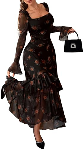 GothDark Women's Maxi Dress Elegant Floral Mesh Long Sleeve Square Neck Ruffle Evening Party Wedding Guest Dresses