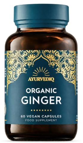 Ayurvediq Organic Ginger Root Capsules 600mg 100% Soil Association Organic Ginger Supplements High Strength Formula - Health and Wellbeing Supplements for Digestive Relief, Anti Inflammatory, 60 caps