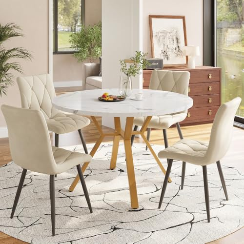 MUZHIXIANG Matgrupp med runt bord och fyra stoppade stolar, bekvämt matbord stol set med ergonomiska sammetsstolar för kök matsal lägenhet (gyllene + MDF + metall)