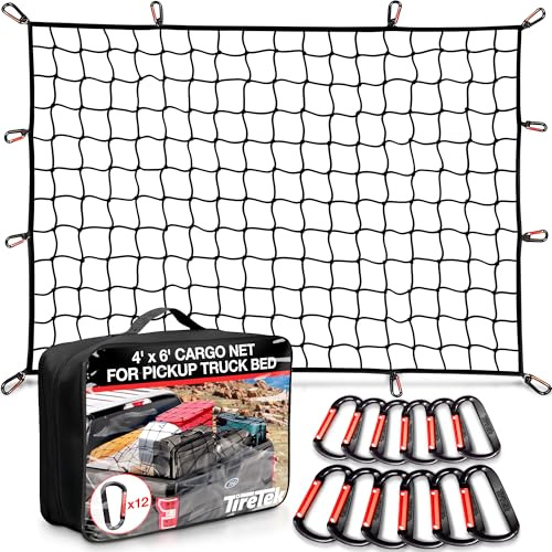 TireTek - Rete di carico per il lettino del furgone – 4 x 6 piedi si estende fino a 8 x 12 piedi, maglia elastica in lattice piccola da 4 x 4 pollici con 12 moschettoni in metallo, accessori per letto