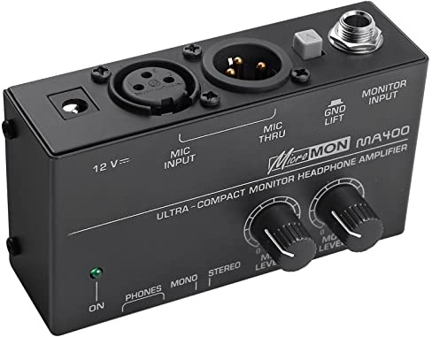 LiNKFOR MA400 Headphone Amplifier for XLR Microphone & Audio Signal with Volume Controls, 6.35mm & 3.5mm Headphone Outputs, Portable with 12V Power Supply