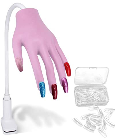 Main d Entrainement Pour Ongle, Silicone Main D'entrainement Manucure avec Faux Ongles, Professionnels Flexible Réglables Mains et Doigts d'Entraînement Manucure (Rose-mauve)