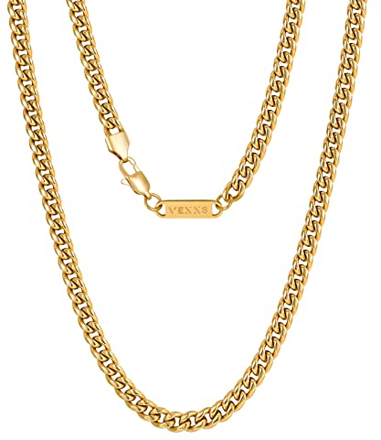 VEXXS 3/4/6mm Herren Panzerkette, 18K Gold beschichtet Cuban Halskette, Miami Kubanische Gliederkette Herren Kette Hip Hop Nickelfrei für Männer (Golden-4mm, 51.00)