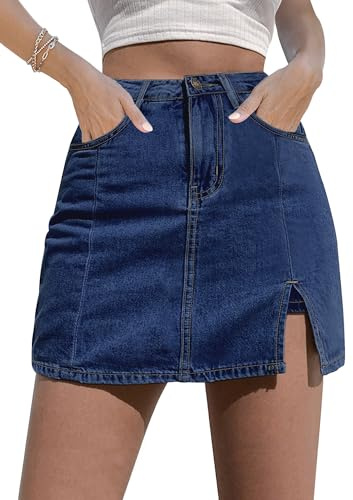 luvamia High Waisted Jean Skorts for Women Denim Mini Skirt Side Slit with High Wasited Jean Shorts for Womens Stretchy Denim Shorts Darkness Blue Size Large Size 12-14