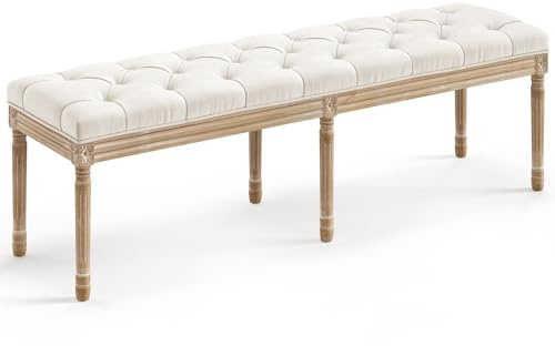 LUE BONA 60 Fabric End of Bed Bench, Upholstered Tufted French Bedroom Bench with Carved Legs for Bedroom End of King Size Bed, Living Room, Beige