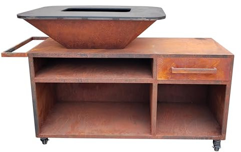 PURLINE | Barbacoa con mueble en acero corten con plancha y grill | Barbacoa grande con almacenamiento integrado y plancha de acero