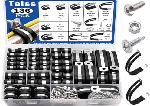 Taiss 136PCS Gummi P Clips Schlauchschellen Kit,10 Größen 304 Edelstahl Rohrschelle mit Gummieinlage 6mm/8mm/10mm/13mm/16mm/19mm/25mm/32mm/38mm/45mm