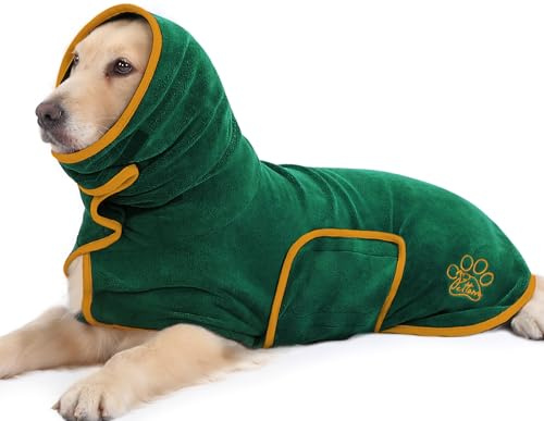 PETTOM Peignoir Chien Microfibre Super Absorbante Réglable, Serviette Bain Chiens avec Col Montant pour Séchage Rapide après Bain, Piscine, Plage et Pluie (Vert XL)