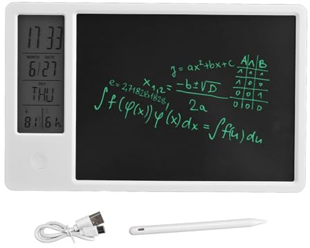 Tavoletta da Scrittura LCD da 10 Pollici con Calendario Orologio Digitale, Lavagna Elettronica Cancellabile Ricaricabile con Stilo, Tavoletta Grafica Portatile, Blocco Note (WHITE)