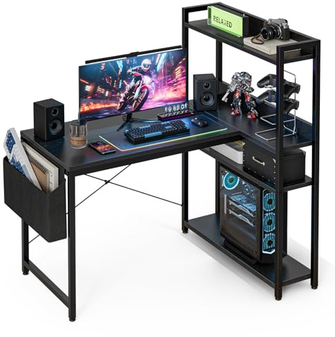 Grandder 100x80 cm L Shaped Gaming Desk with Reversible Storage Shelves, Computer Desk Home Office Corner Study Writing Table with Hutch, Study, Black