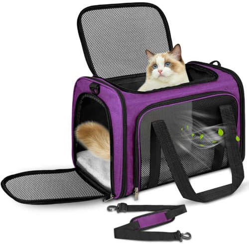 Lohofrnny Sac de Transport Chat, Sac Transport Chat Chien avec Matelas Souple, Sac Transport Chien Respirant et Pliable, Caisse de Transport Chat Respirant pour Petit Chien,Chat (Violet, 43x28x28cm)
