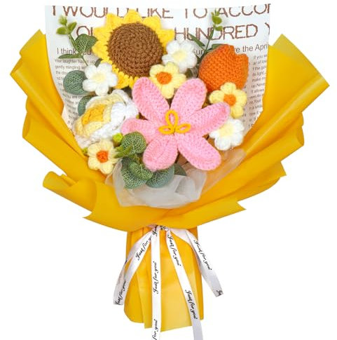 ASTNIC Ramo de flores de ganchillo, ramo de flores de punto hecho a mano, tulipán, girasol, rosa, día de la madre, aniversario, cumpleaños, San Valentín, regalos de punto para madre, mujeres, amigas