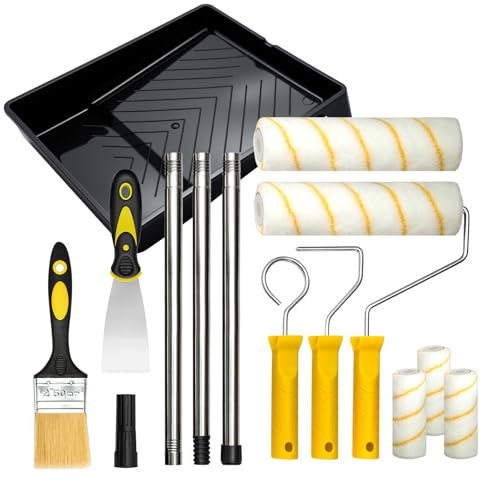 GROWNEER 12 PCS Paint Roller Set with Extension Pole, Large & Small Rollers, Brushes and Tray – Effortless and Precise Painting for Walls, Ceilings, Doors and Trim