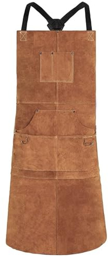 Grembiule Per Utensili Grembiule da saldatura in pelle, resistente al calore, resistente alla fiamma, da lavoro, con 6 tasche, grande 42 pollici