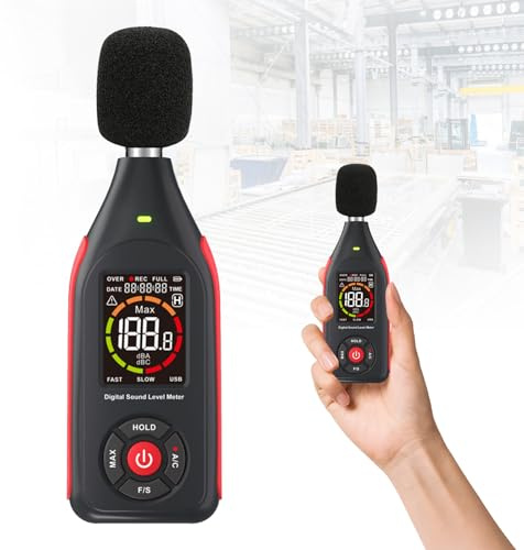 Sonometre, Decibelmetre Rechargeable 1000 mAh 17 V avec 31 000 Enregistrements de Données Sonometre Decibelmetre avec Plage de Mesure de 30 à 130 dB Sonomètre avec Fonction D'alarme 3 Couleurs