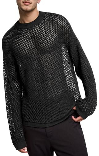 Darringls T-shirt transparent à manches longues en maille pour homme - Tendance - Décontracté - Col rond - Pull en maille filet - Haut en tricot - Sweatshirt décontracté - Pull de travail, Noir , M