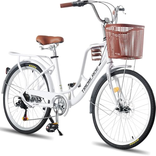 LSBIKE Ladies Bike with Basket 24/26in 7 Speed City Bicycle Women Girls Comfort Bike Lightweight Frame Hybrid Disc Brakes with Cupholder Steel Rear Rack Adjustable Handbar and Seat (26inch)