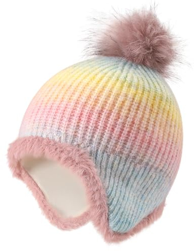 MASOCIO Kids Girl Winter Hat Girls Fleece Lining Warm Bobble Beanie with Ear Flaps 4 5 6 7 8 9 Toddler Children Thermal Knitted Wooly Caps with Pom Pom Age 3-10 Years Multicolor