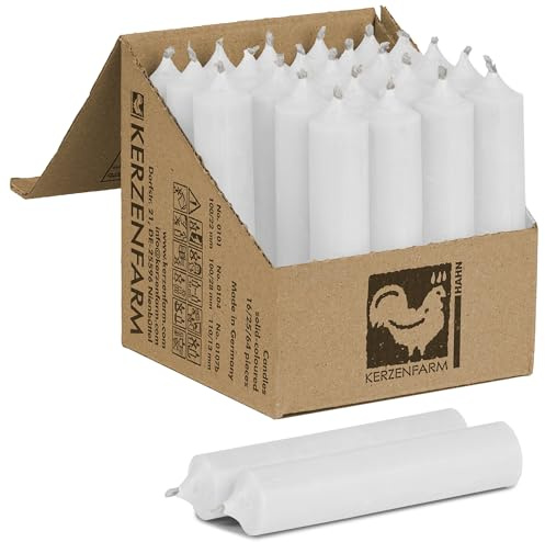 Kurze Stabkerzen 100 x 22 mm durchgehend gefärbt - Spitzkerzen aus Deutschland - Kerzenfarm Hahn - Unparfümierte und RAL-Zertifizierte Tafelkerzen (25, Weiß)