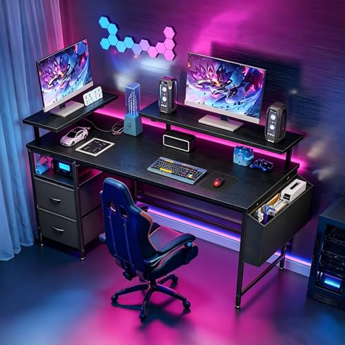 Cliporix Gaming Desk with Drawers & Adjustable Monitor Stands – 120×48 cm Big Sturdy Computer Desk with Side Pocket & Headphone Hook, Reversible PC Gaming Table for Gamers Students, Black