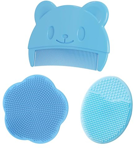3-Piece Baby Bath Brush Set, Silicone Cradle Cap Brush & Comb for Newborns, Gentle Scalp Massager and Shampoo Brushes for Infants and Newborns(Blue)